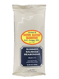 A bag of AC LEGGS SUMMER SAUSAGE SEASONING BLEND.