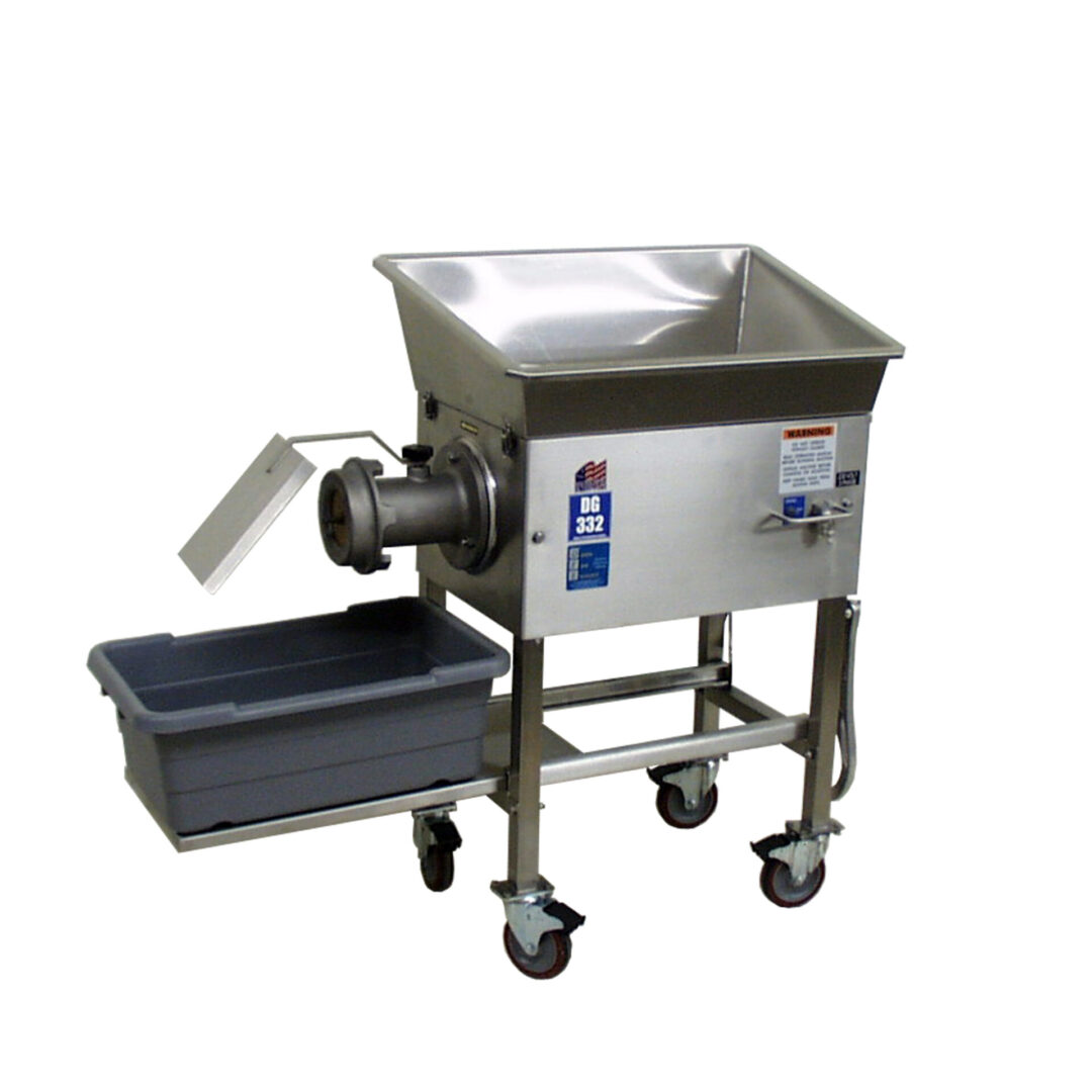 A stainless steel DG 332 Grinder with a basket on wheels.