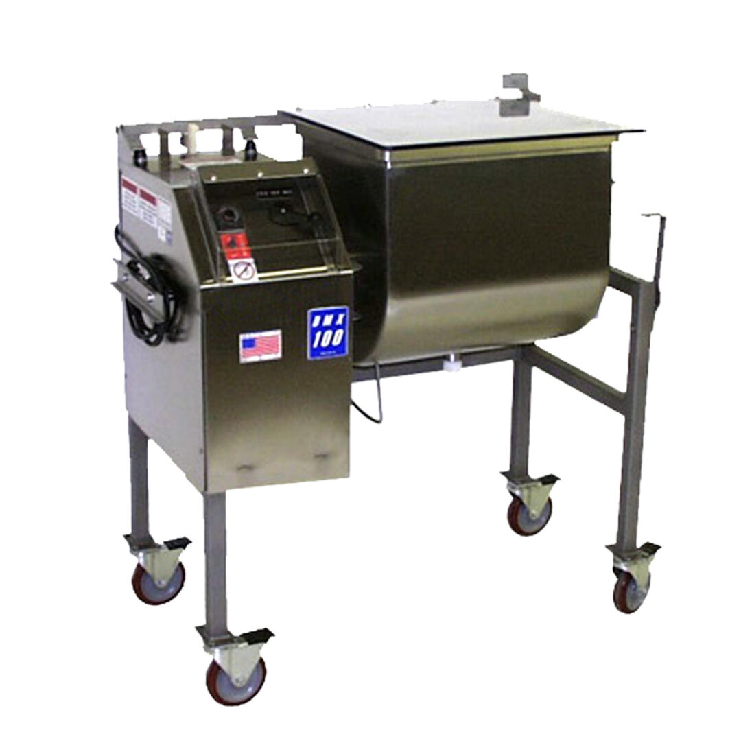 A DMX and Quad 100 Mixer stainless steel mixing machine on wheels.