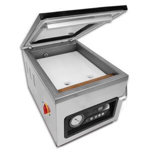 A small Vac110 – Chamber Vacuum Sealer with a lid on it.