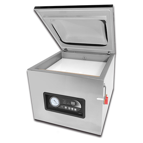 A Vac310 (1 Bar) – Chamber Vacuum Sealer with a lid on it.