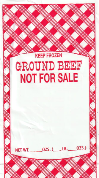 A red and white checkered label that says Ground Beef 1 lbs NFS.